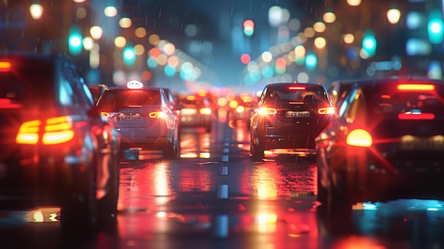 Le paysage urbain nocturne se transforme en une bannière de circulation floue où les lumières des voitures se mélangent dans un affichage hypnotisant de mouvement et de couleur.