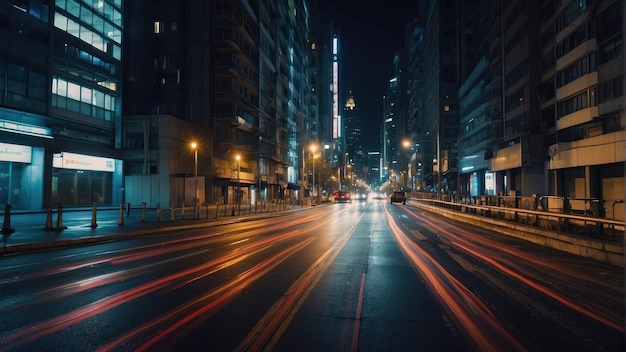 Paysage urbain nocturne avec des traces de lumière sur la route