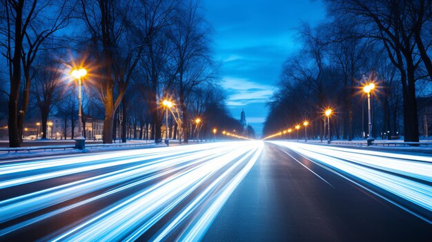 Un paysage urbain nocturne vibrant avec des lumières floues et des lampadaires éclairant les rues urbaines