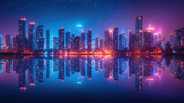 Un paysage urbain la nuit avec des gratte-ciel et des lumières de la ville reflétées dans un lac
