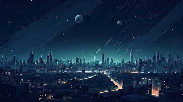 Paysage urbain la nuit avec la pleine lune et les étoiles rendu 3d