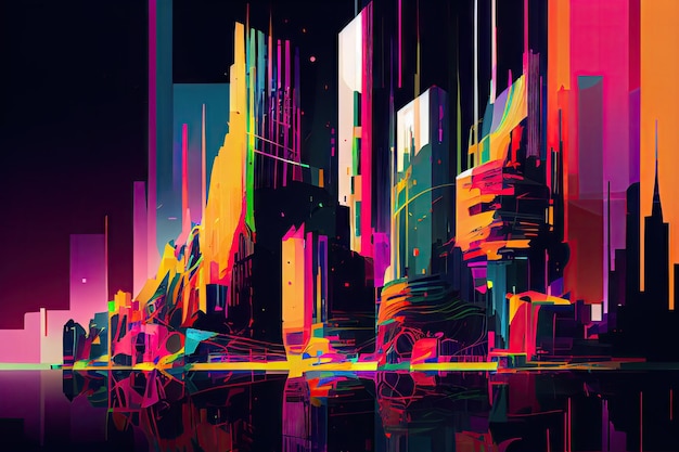 Un paysage urbain numérique glitchy avec des formes abstraites et des couleurs vives