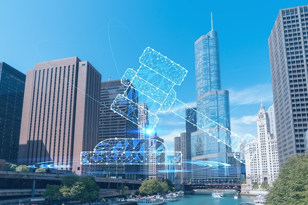 Paysage urbain panoramique du centre-ville de Chicago et de la promenade Riverwalk avec des ponts pendant la journée Illinois États-Unis Icônes juridiques hologrammes lumineux Le concept de réglementation de l'ordre juridique et de justice numérique