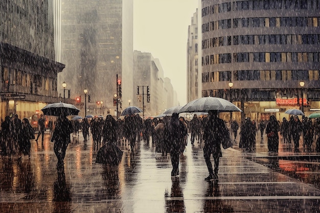 un paysage urbain pluvieux avec des gens se précipitant généré par l'IA