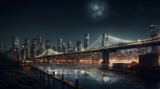 Un paysage urbain avec un pont et la lune