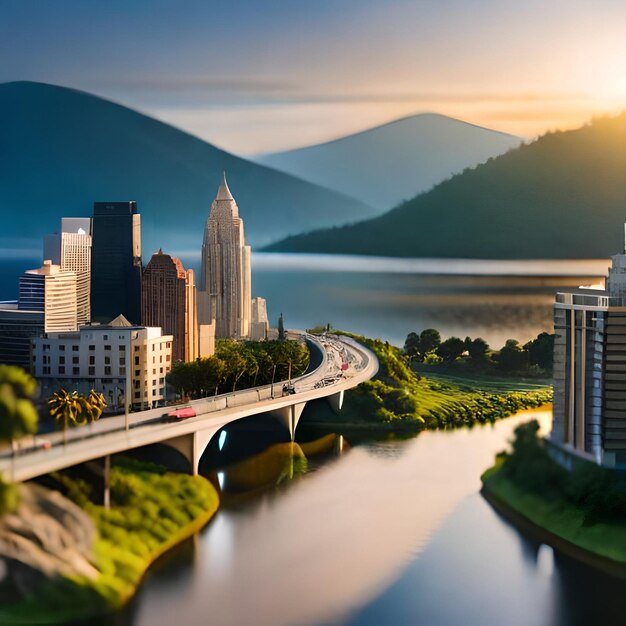 Photo un paysage urbain avec un pont et des montagnes en arrière-plan.