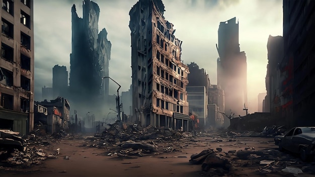 Un paysage urbain post-apocalyptique avec des gratte-ciel en ruine et des rues remplies de débris