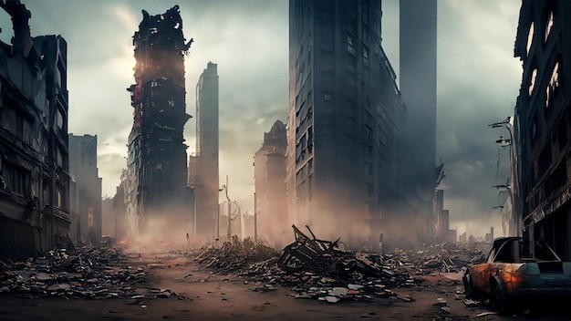 Un paysage urbain post-apocalyptique avec des gratte-ciel en ruine et des rues remplies de débris