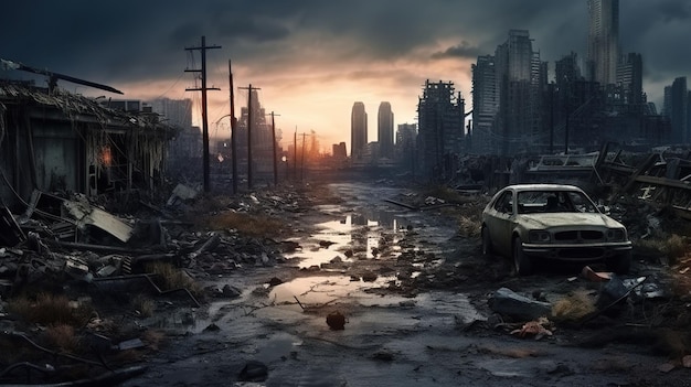 Le paysage urbain post-apocalyptique en ruine, la décadence urbaine et la désolation