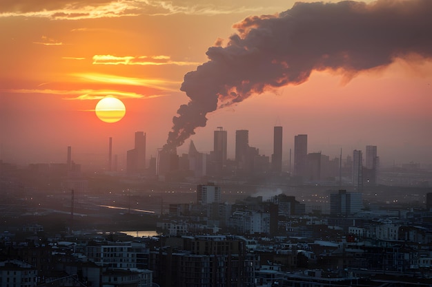 Le paysage urbain rempli de fumée après l'explosion au coucher du soleil.