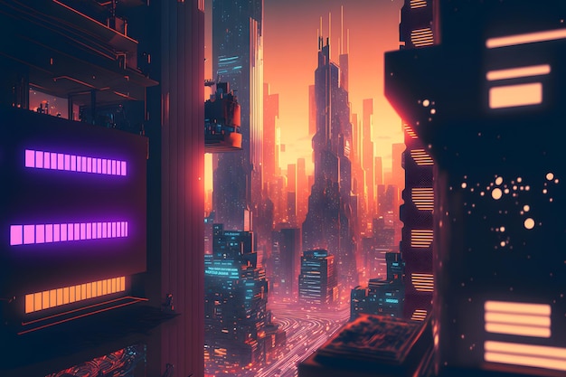 Paysage urbain rétro Synthwave avec des bâtiments futuristes modernes et des néons Art généré par le réseau de neurones