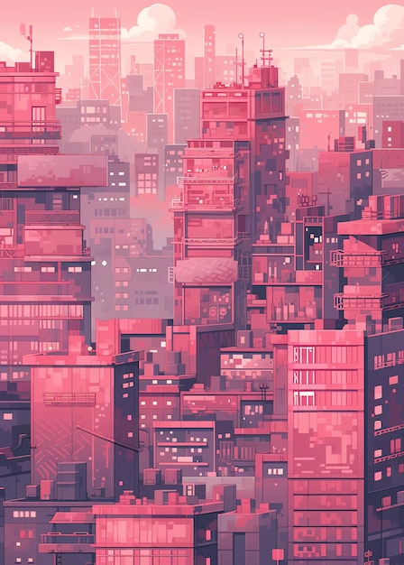 Un paysage urbain rose avec un fond rose et les mots " cyberpunk " sur le dessus.