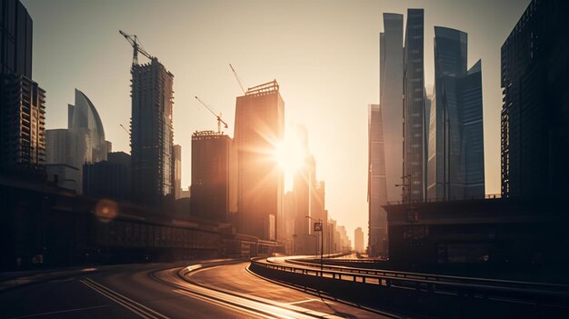 Un paysage urbain avec une route derrière laquelle se couche le soleil