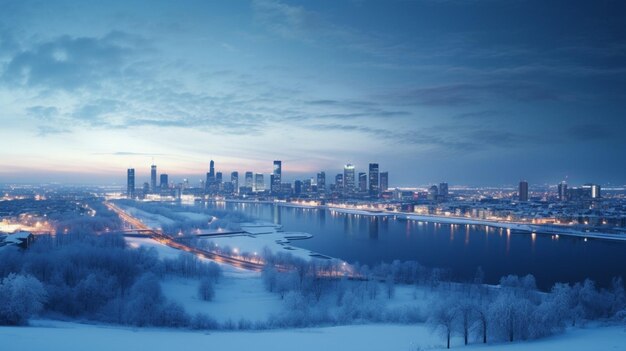 Photo paysage urbain soirée d'hiver enneigée