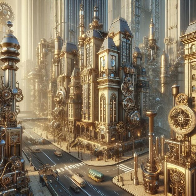 Un paysage urbain steampunk avec des bâtiments rétro-futuristes