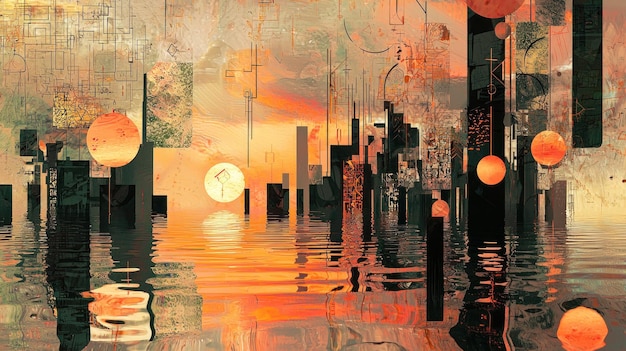 Un paysage urbain surréaliste au coucher du soleil reflété dans l'eau
