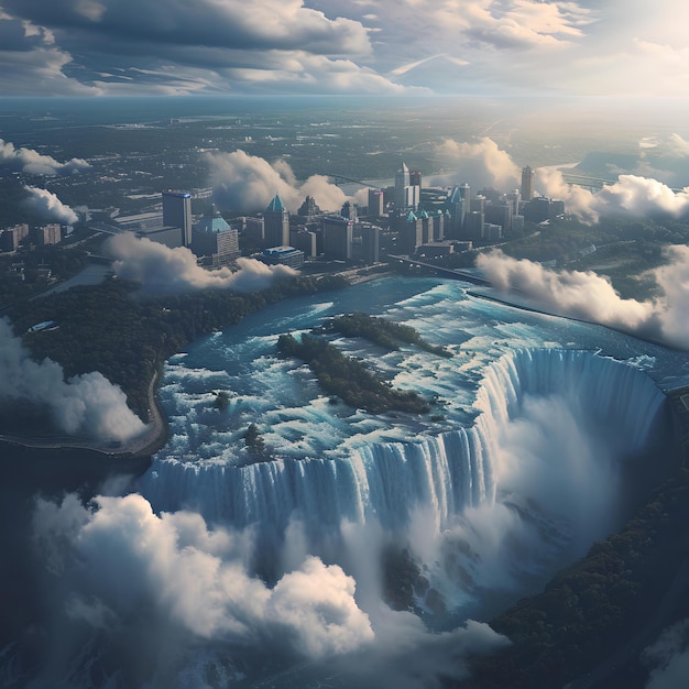 Paysage urbain surréaliste avec des chutes d'eau majestueuses et des nuages art fantastique dystopique paysage créé numériquement IA