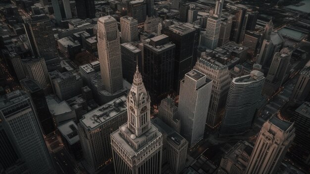 Un paysage urbain avec une tour de l'horloge au centre.