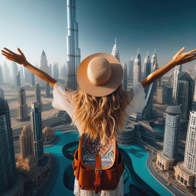 Photo un paysage urbain touristique de fille heureuse à dubaï avec le