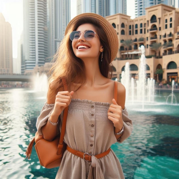 Un paysage urbain touristique de fille heureuse à Dubaï avec le