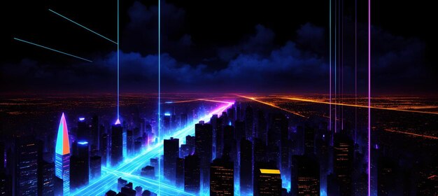 Un paysage urbain vibrant et futuriste éclairé par des néons la nuit