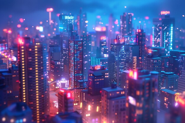 Un paysage urbain vibrant avec des gratte-ciel la nuit