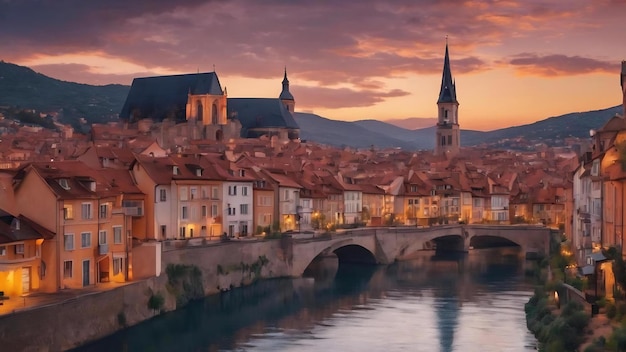 Le paysage urbain d'une ville européenne au coucher du soleil orange