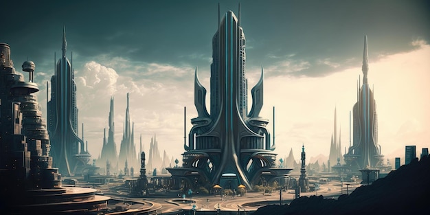 Paysage urbain d'une ville de science-fiction futuriste technologie avancée cinématographique AI générative AIG16