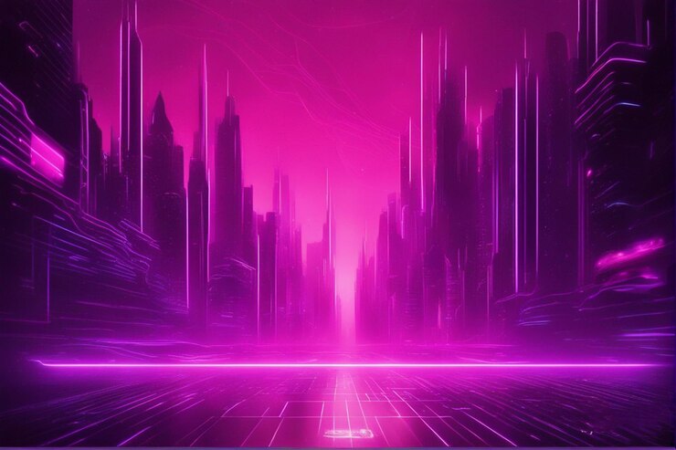un paysage urbain violet avec une ville en arrière-plan.