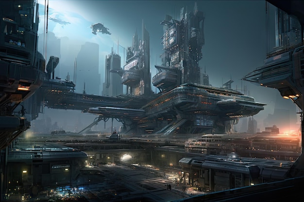 Paysage urbain avec vue sur les vaisseaux futuristes et les stations spatiales amarrées aux plates-formes d'amarrage à proximité cr