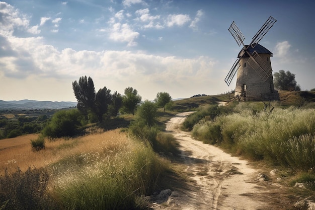 Photo paysage de la vallée du safran ancien moulin à vent généré par l'ia