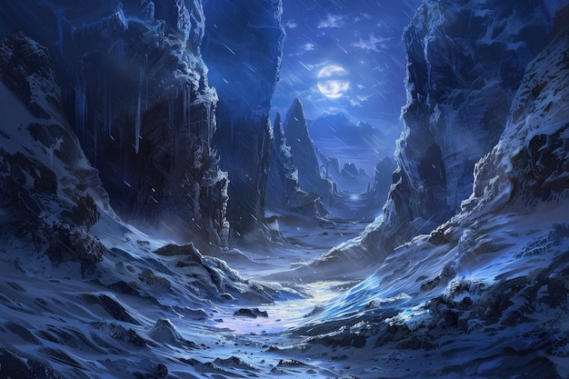 Un paysage de vallée de montagne glaciale mystique avec une pleine lune brillante et de la neige