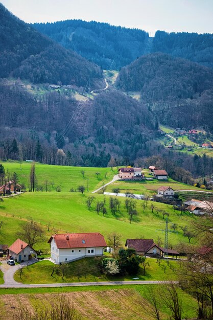 Paysage de vallée avec la vieille ville de Celje en Slovénie. Architecture sur la colline verte de Slovenija. Montagnes des Alpes en arrière-plan.