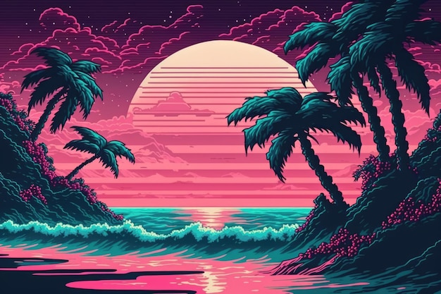 Paysage vaporwave avec soleil de mer et palmiers créé à l'aide de la technologie générative ai