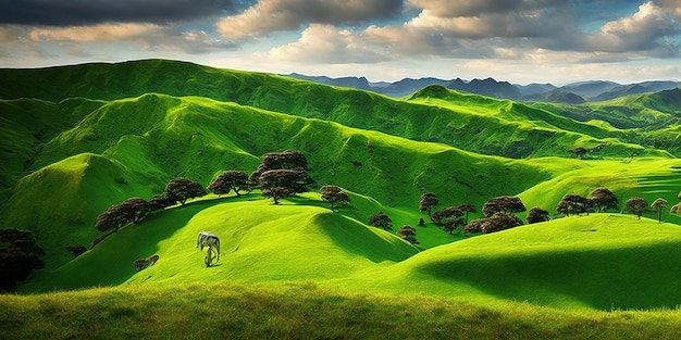 Un paysage verdoyant avec des arbres et des montagnes en arrière-plan.