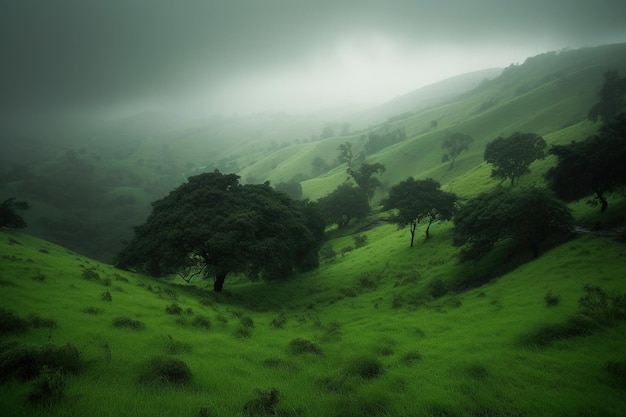 Un paysage verdoyant avec un ciel nuageux et des arbres au premier plan.
