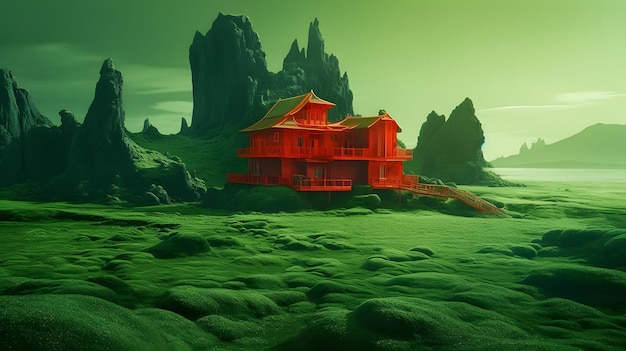 Un paysage verdoyant avec une maison rouge au milieu d'un champ vert.