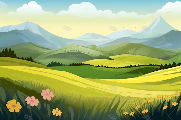 Un paysage verdoyant avec des montagnes et un champ verdoyant avec des fleurs.