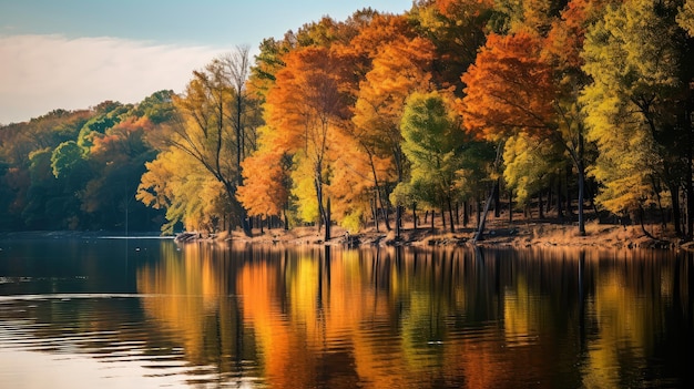 Paysage vert du lac à l'automne