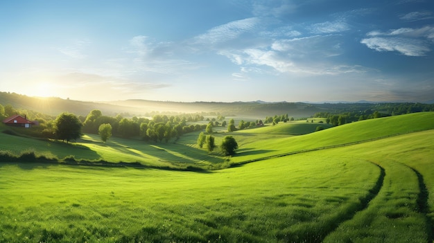 Paysage vert du matin de la prairie de champ