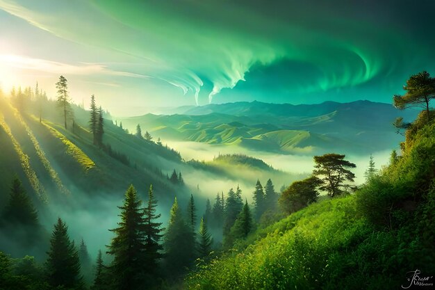 un paysage vert avec un fond vert et un paysage de montagne vert avec une forêt verte et du brouillard.