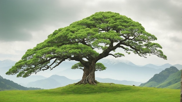 Paysage vert avec un grand arbre feuilles vertes et montagne d'herbe et beau ciel