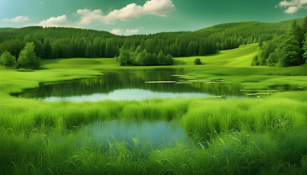 Photo un paysage vert avec un lac et des arbres et un lac