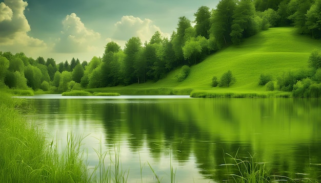 un paysage vert avec un lac et des arbres