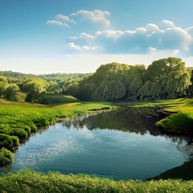 paysage vert avec un petit lac