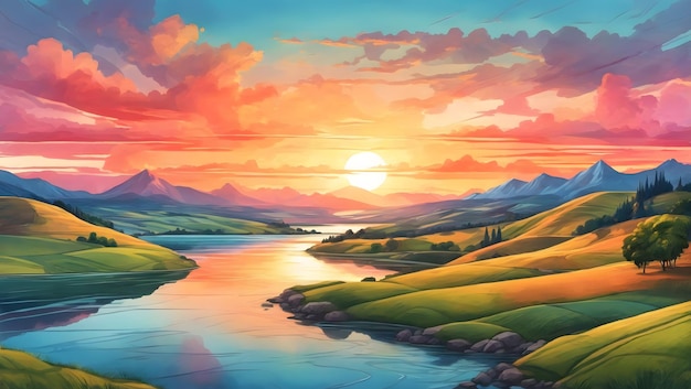 Un paysage vibrant de collines vallonnées et un lac tranquille éclairé par une illustration brillante du coucher de soleil