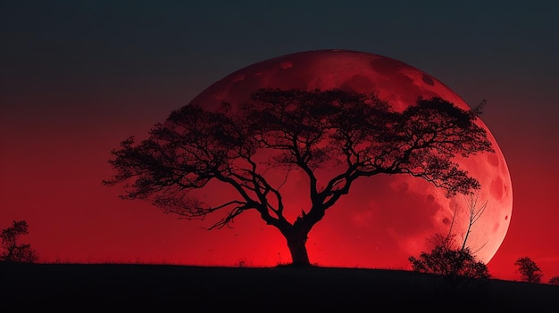 paysage avec vieil arbre silhouette contre un rouge clair de lune ciel