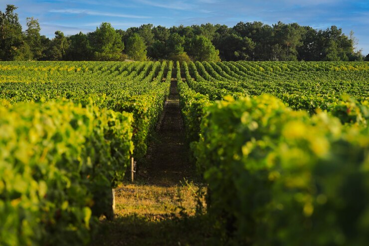 Photo paysage de vignoble en été, région viticole de bordeaux, france