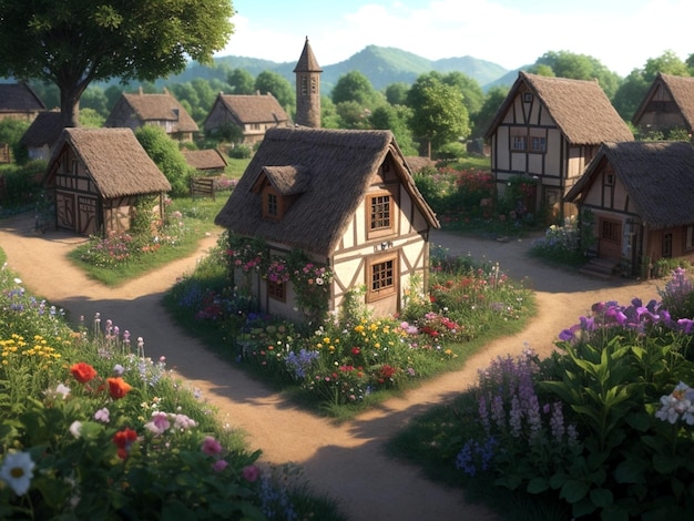 Un paysage de village avec de belles fleurs et la nature et le temps du village