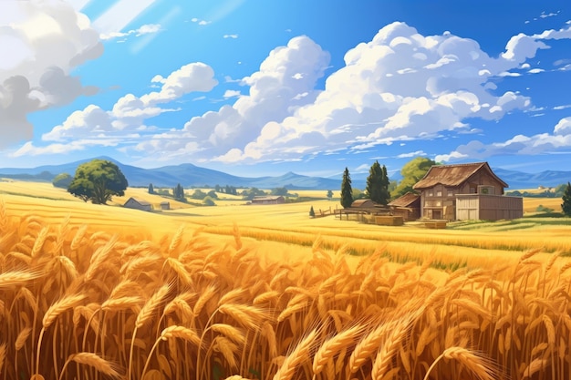 Photo paysage d'un village avec un champ de blé dans le style anime